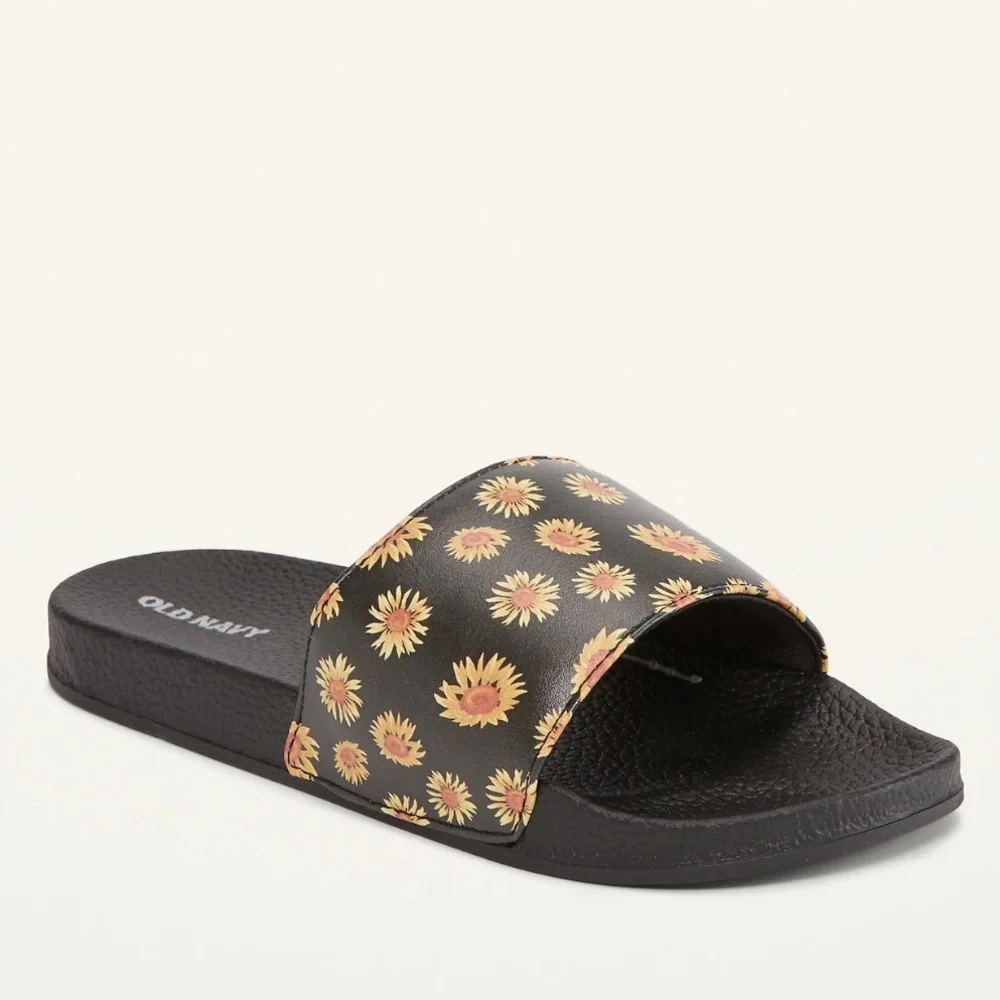 🆕 Old Navy Girls Faux-Leather Pool Slide Sandals Sunflowers Size 12/13 Y - Picture 1 of 11